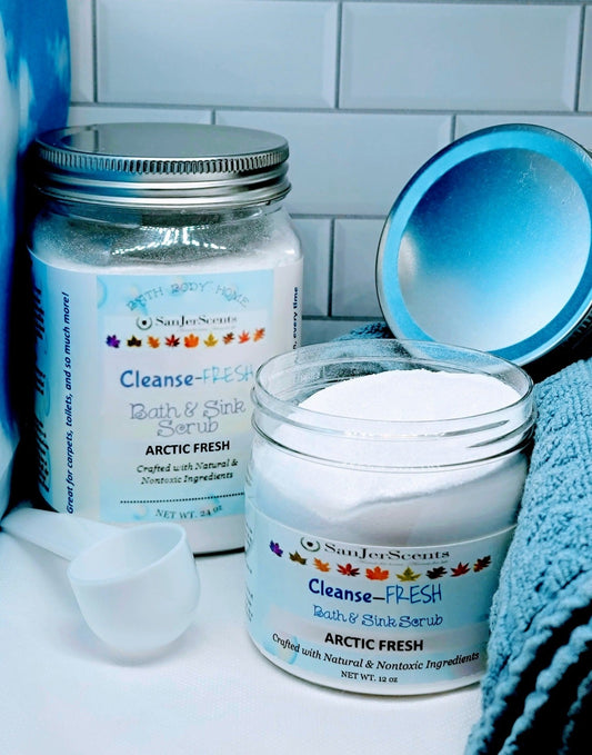 24 oz Net wt.  and 12 oz Net wt. plastic jars with metal lids showing Cleanse-FRESH Bath & Sink Scrub in Arctic Fresh scent.